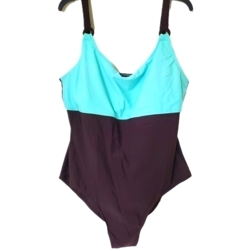 Merona NWT One Piece Swimsuit in Turquoise Blue & Brown Colorblock